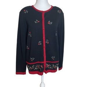 Alfred Dunner Black Red Floral Embroidered Button Front Cardigan Medium Grandma